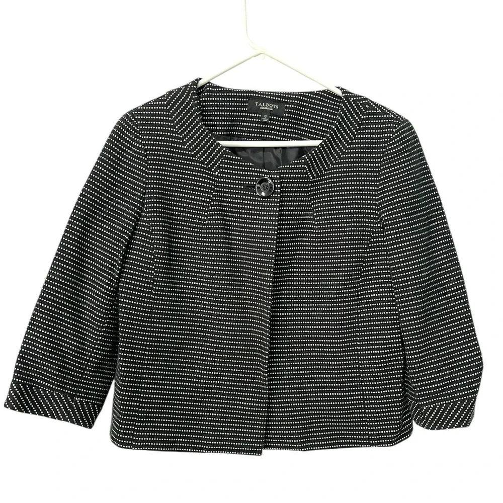 Talbots 12 Black White Polka Dot Cropped Jacket 3/4 Sleeve Button Blazer Preppy
